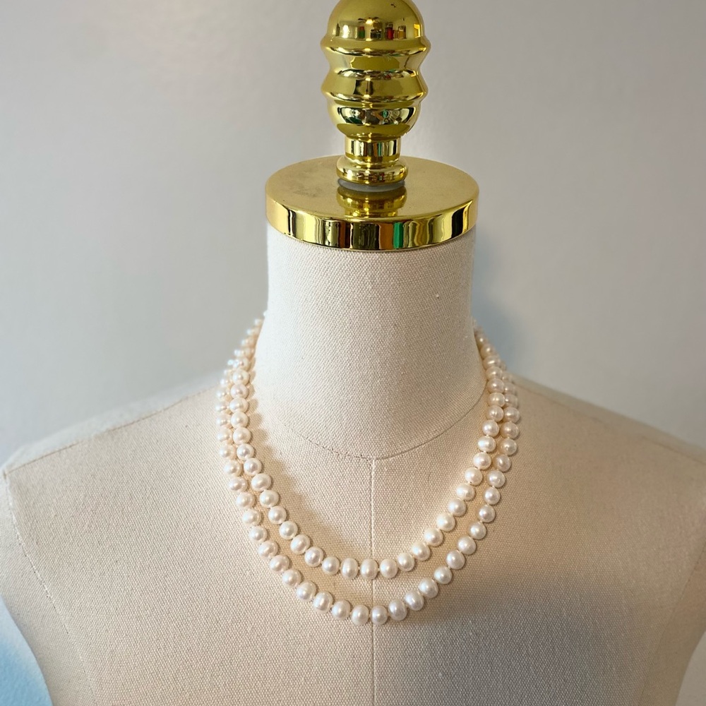CULTURED FRESHWATER PEARL Double Strand Sterling Silver Clasp 20" Inch - Picture 3 of 11